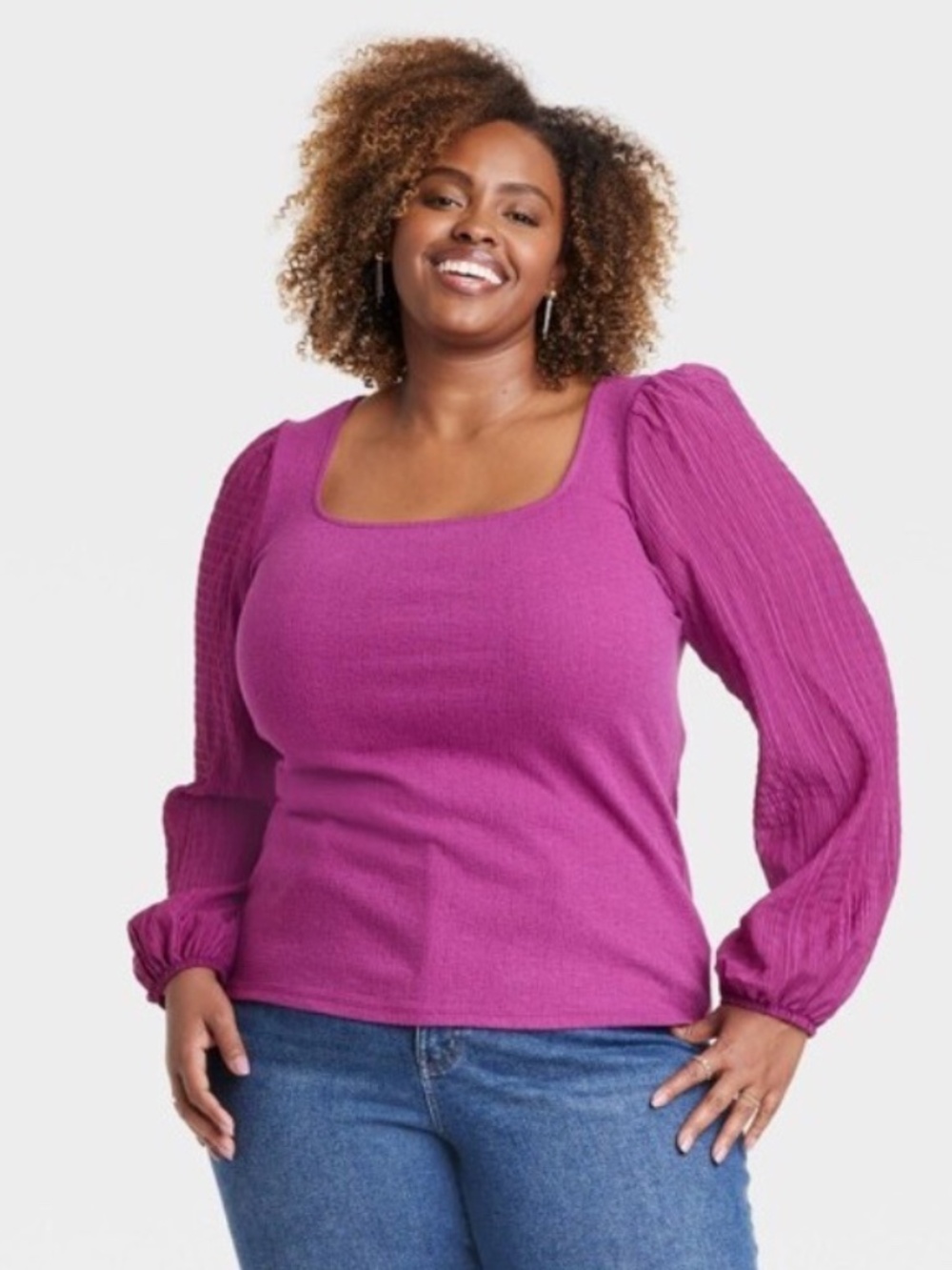 Ava & Viv Magenta Mixed Media Long Sleeve Square Neck Blouse Top Size 2X